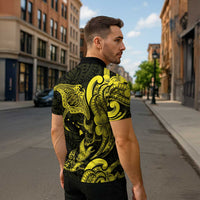 Hawaiian Manta Rays Zipper Polo Shirt Tribal Hibiscus Polynesian Tattoos Yellow Color LT03 - Polynesian Pride