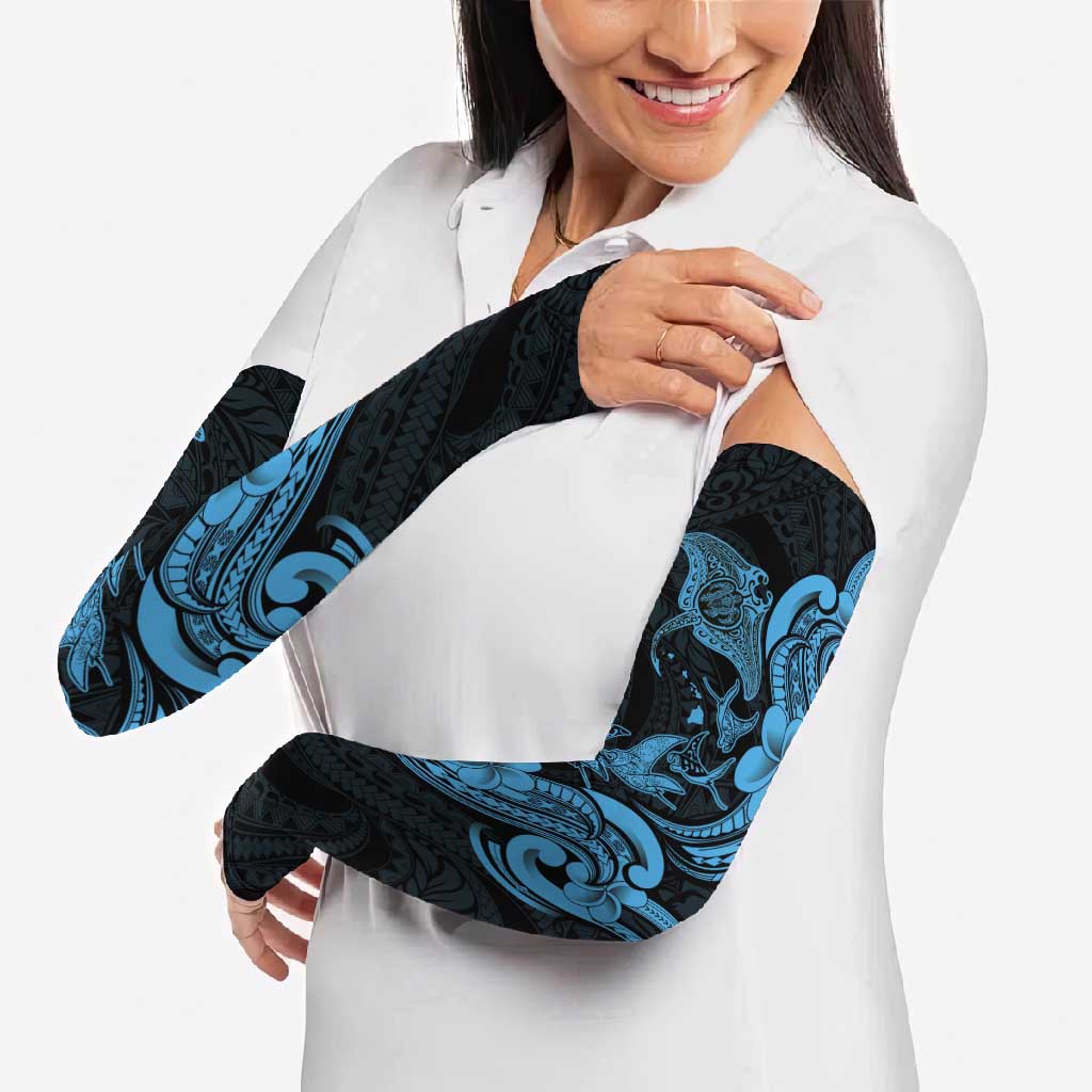 Hawaiian Manta Rays Arm Sleeves Tribal Hibiscus Polynesian Tattoos Blue Color - Polynesian Pride