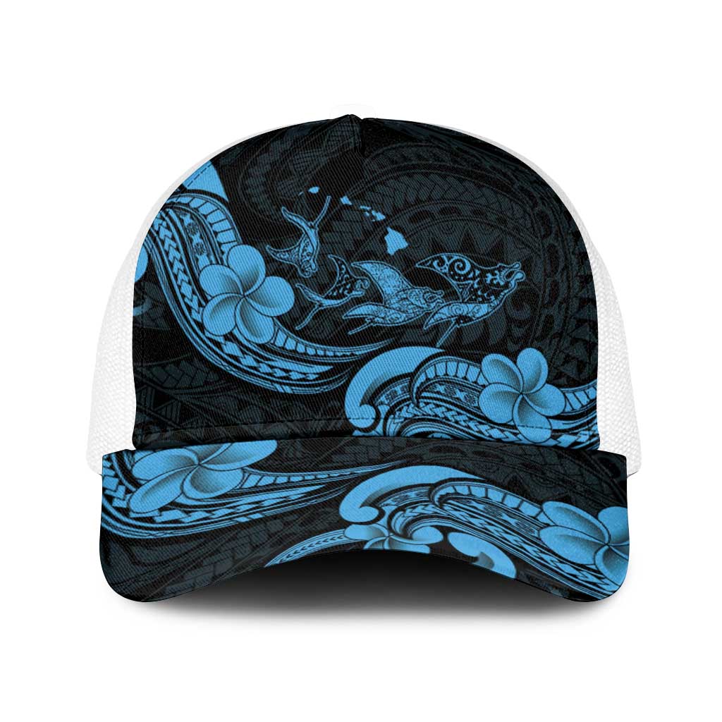 Hawaiian Manta Rays Baseball Net Cap Tribal Hibiscus Polynesian Tattoos Blue Color - Polynesian Pride