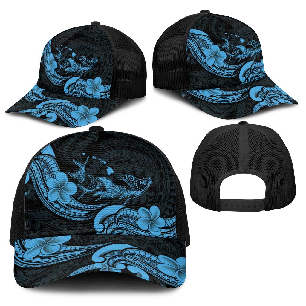 Hawaiian Manta Rays Baseball Net Cap Tribal Hibiscus Polynesian Tattoos Blue Color - Polynesian Pride