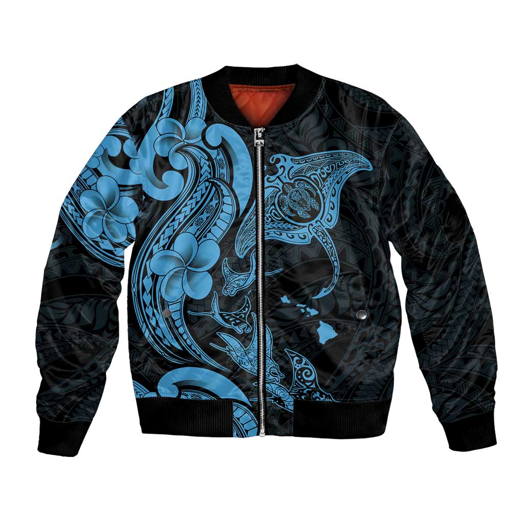 Hawaiian Manta Rays Bomber Jacket Tribal Hibiscus Polynesian Tattoos Blue Color LT03 Unisex Blue - Polynesian Pride