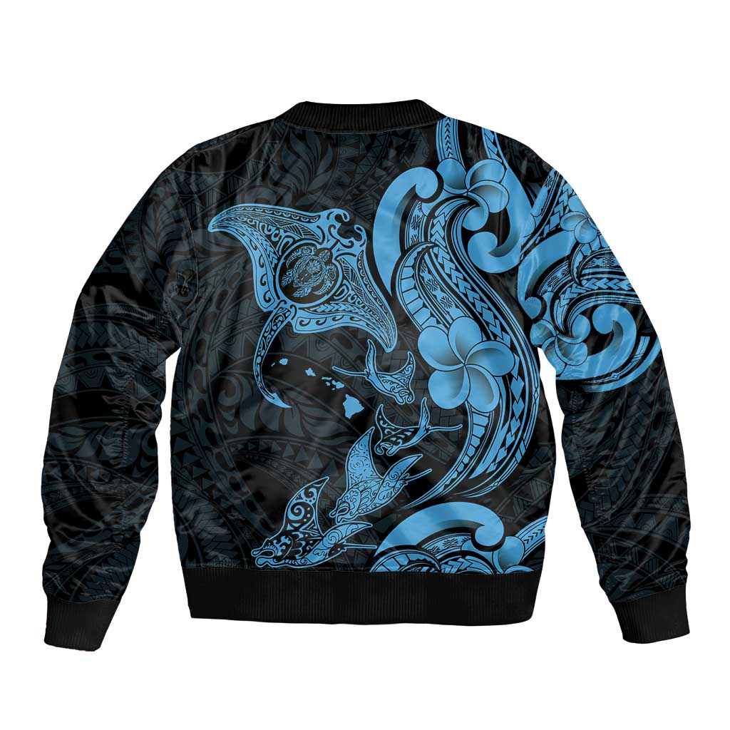 Hawaiian Manta Rays Bomber Jacket Tribal Hibiscus Polynesian Tattoos Blue Color LT03 - Polynesian Pride