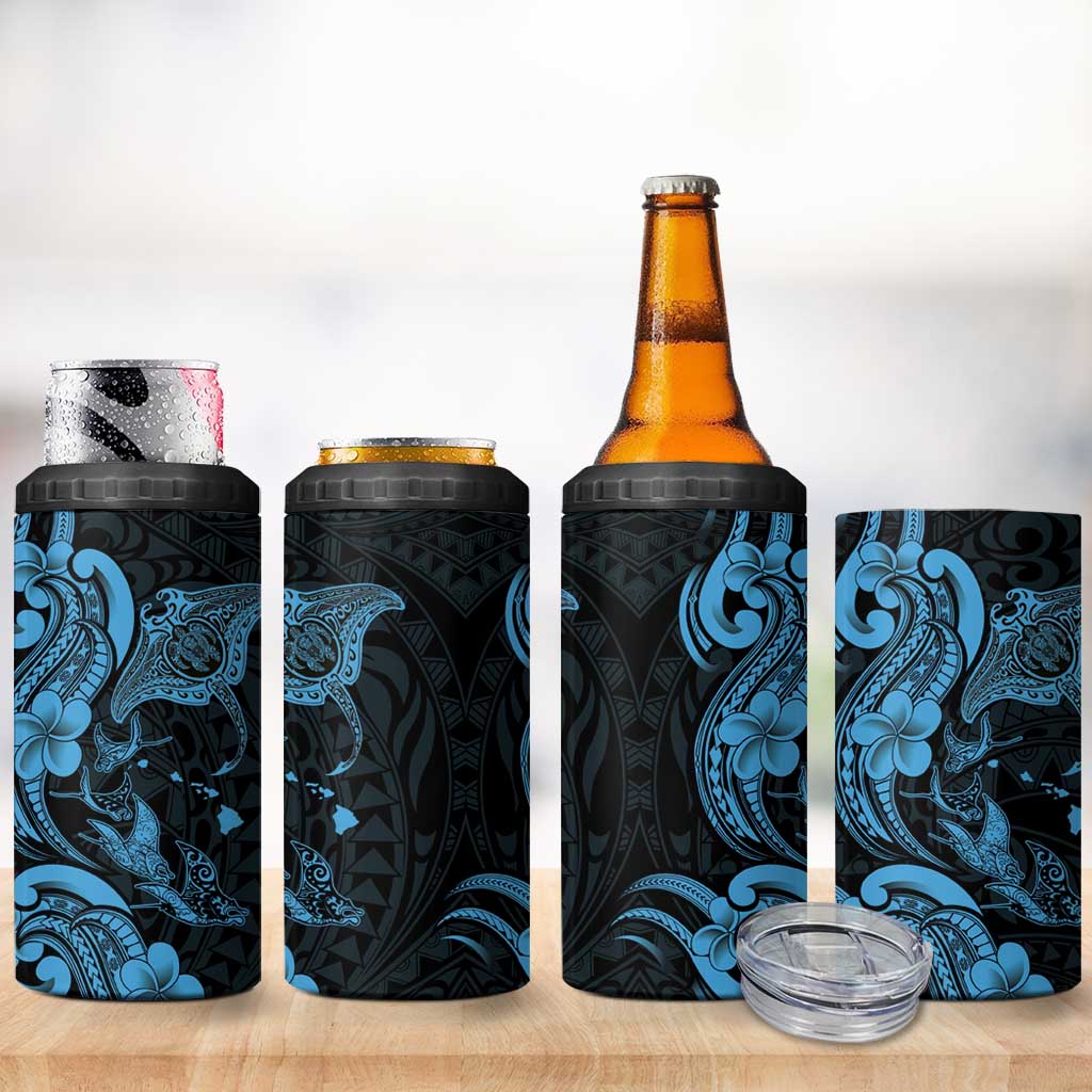 Hawaiian Manta Rays 4 in 1 Can Cooler Tumbler Tribal Hibiscus Polynesian Tattoos Blue Color LT03 - Polynesian Pride