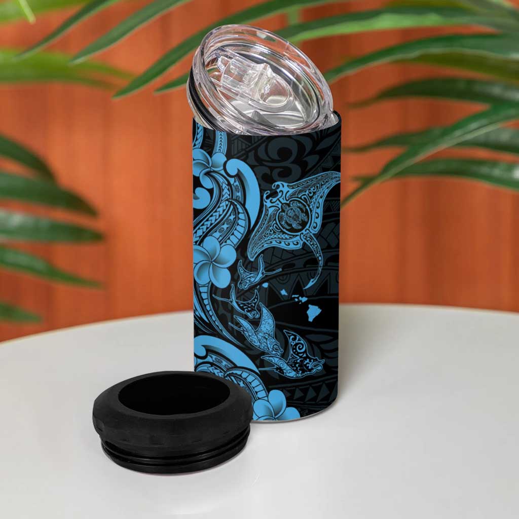Hawaiian Manta Rays 4 in 1 Can Cooler Tumbler Tribal Hibiscus Polynesian Tattoos Blue Color LT03 - Polynesian Pride