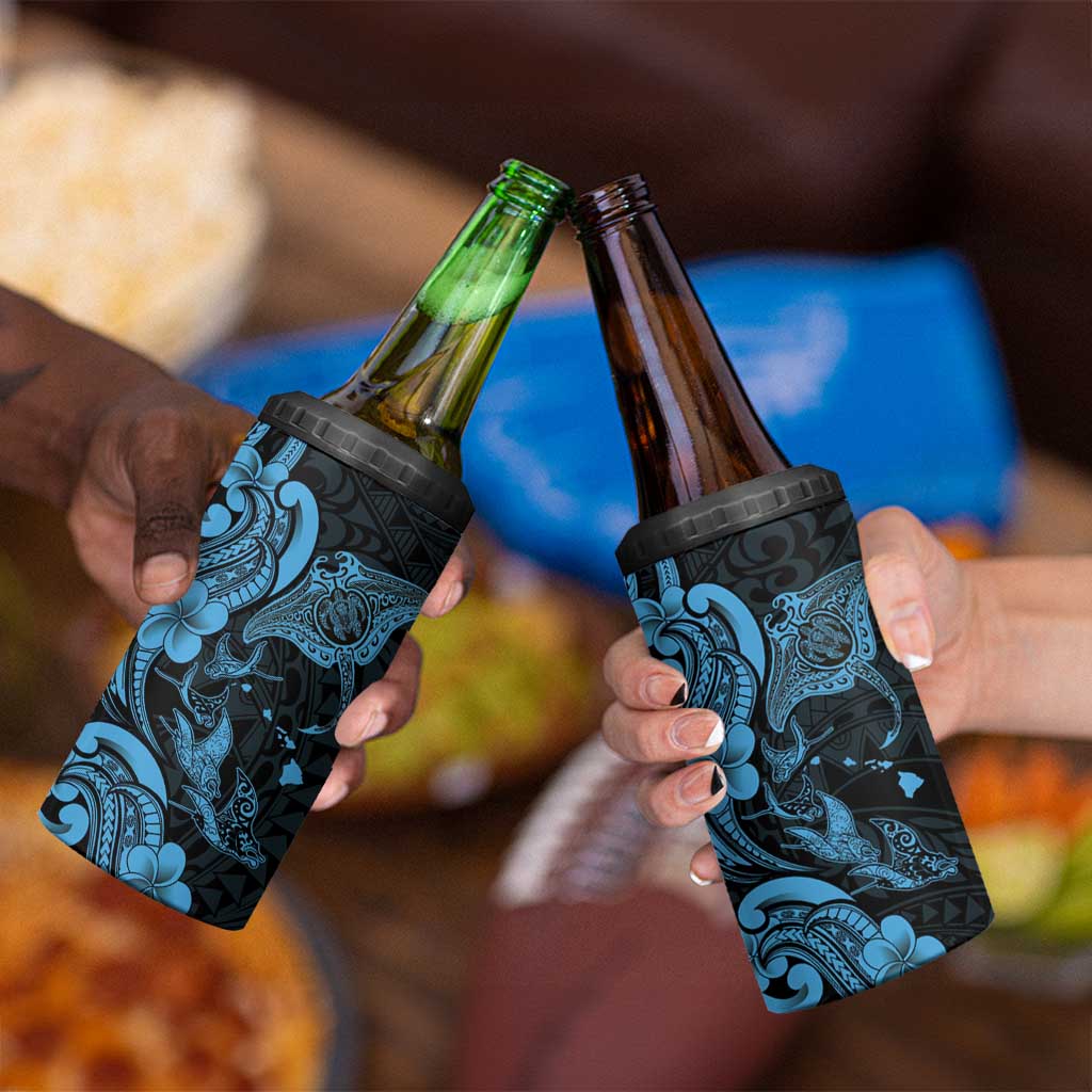 Hawaiian Manta Rays 4 in 1 Can Cooler Tumbler Tribal Hibiscus Polynesian Tattoos Blue Color LT03 - Polynesian Pride