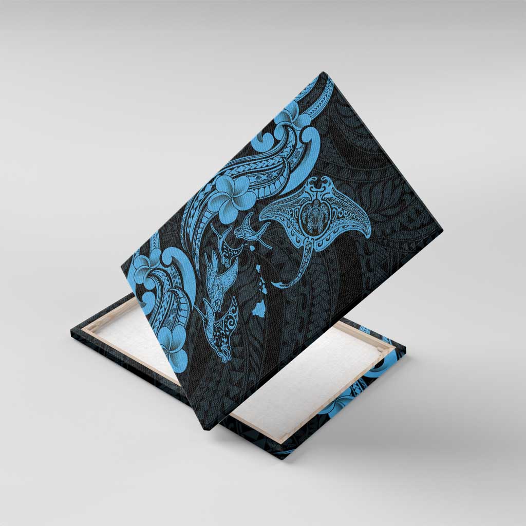 Hawaiian Manta Rays Canvas Wall Art Tribal Hibiscus Polynesian Tattoos Blue Color - Polynesian Pride