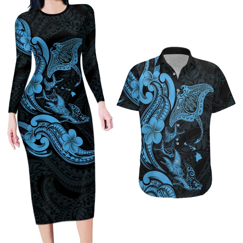 Hawaiian Manta Rays Couples Matching Long Sleeve Bodycon Dress and Hawaiian Shirt Tribal Hibiscus Polynesian Tattoos Blue Color LT03 Blue - Polynesian Pride