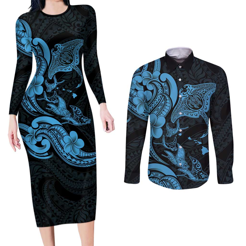 Hawaiian Manta Rays Couples Matching Long Sleeve Bodycon Dress and Long Sleeve Button Shirt Tribal Hibiscus Polynesian Tattoos Blue Color LT03 Blue - Polynesian Pride