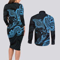 Hawaiian Manta Rays Couples Matching Long Sleeve Bodycon Dress and Long Sleeve Button Shirt Tribal Hibiscus Polynesian Tattoos Blue Color LT03 - Polynesian Pride