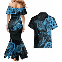 Hawaiian Manta Rays Couples Matching Mermaid Dress and Hawaiian Shirt Tribal Hibiscus Polynesian Tattoos Blue Color LT03 - Polynesian Pride