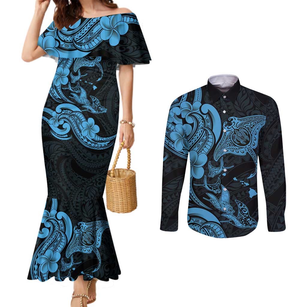 Hawaiian Manta Rays Couples Matching Mermaid Dress and Long Sleeve Button Shirt Tribal Hibiscus Polynesian Tattoos Blue Color LT03 Blue - Polynesian Pride