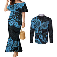 Hawaiian Manta Rays Couples Matching Mermaid Dress and Long Sleeve Button Shirt Tribal Hibiscus Polynesian Tattoos Blue Color LT03 Blue - Polynesian Pride