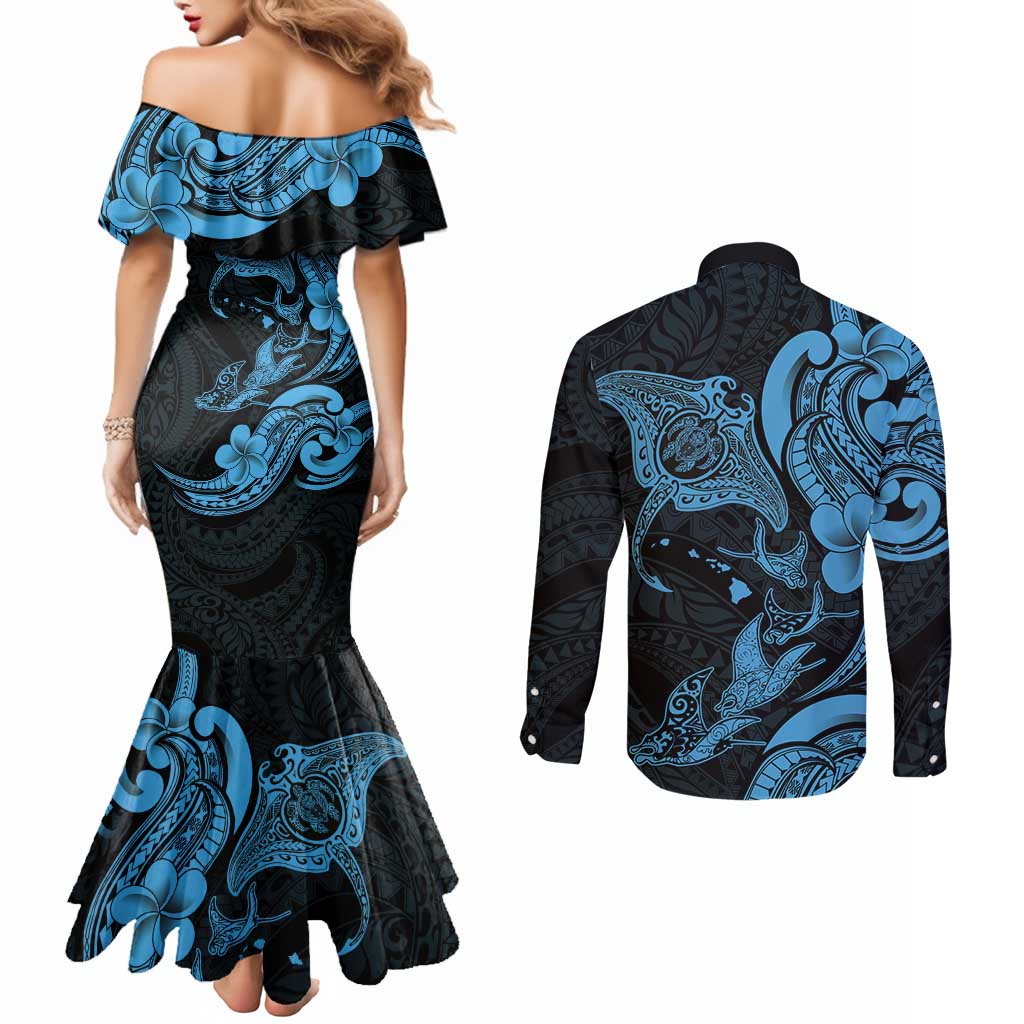 Hawaiian Manta Rays Couples Matching Mermaid Dress and Long Sleeve Button Shirt Tribal Hibiscus Polynesian Tattoos Blue Color LT03 - Polynesian Pride