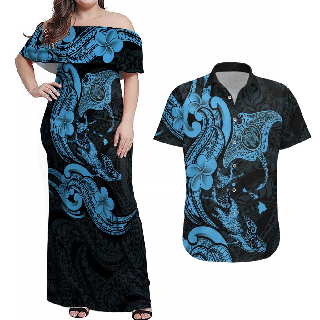 Hawaiian Manta Rays Couples Matching Off Shoulder Maxi Dress and Hawaiian Shirt Tribal Hibiscus Polynesian Tattoos Blue Color LT03 Blue - Polynesian Pride