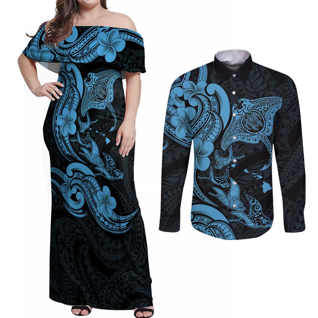 Hawaiian Manta Rays Couples Matching Off Shoulder Maxi Dress and Long Sleeve Button Shirt Tribal Hibiscus Polynesian Tattoos Blue Color LT03 Blue - Polynesian Pride