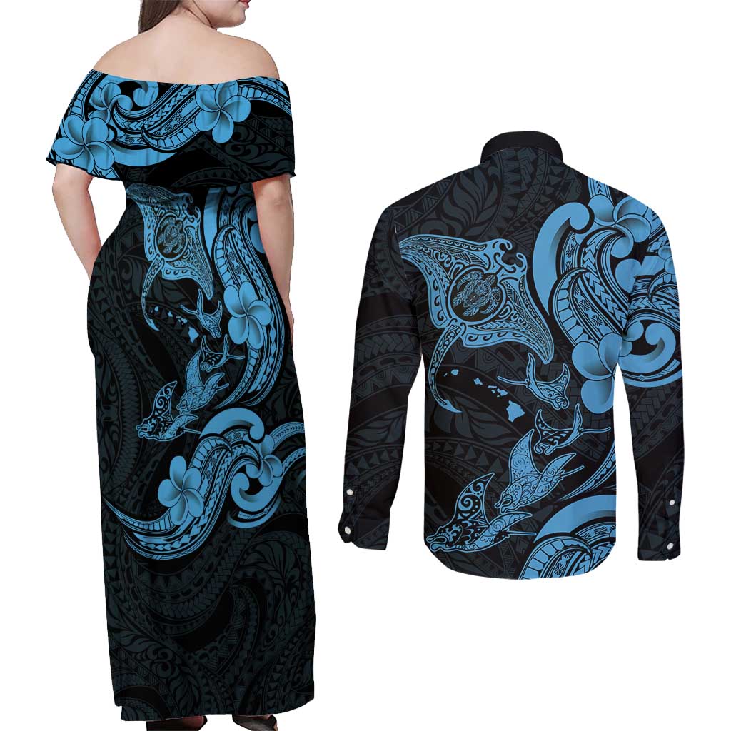Hawaiian Manta Rays Couples Matching Off Shoulder Maxi Dress and Long Sleeve Button Shirt Tribal Hibiscus Polynesian Tattoos Blue Color LT03 - Polynesian Pride
