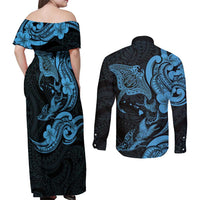 Hawaiian Manta Rays Couples Matching Off Shoulder Maxi Dress and Long Sleeve Button Shirt Tribal Hibiscus Polynesian Tattoos Blue Color LT03 - Polynesian Pride