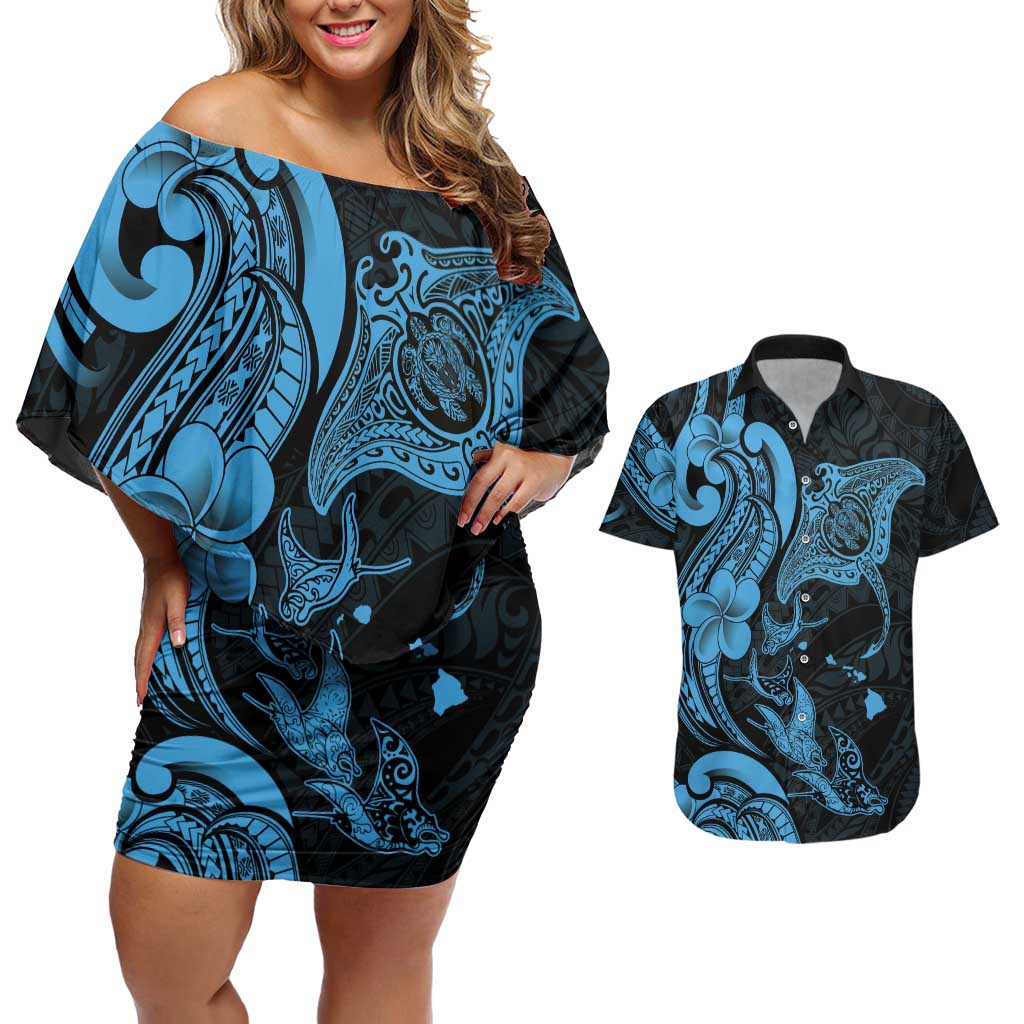 Hawaiian Manta Rays Couples Matching Off Shoulder Short Dress and Hawaiian Shirt Tribal Hibiscus Polynesian Tattoos Blue Color LT03 Blue - Polynesian Pride