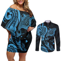 Hawaiian Manta Rays Couples Matching Off Shoulder Short Dress and Long Sleeve Button Shirt Tribal Hibiscus Polynesian Tattoos Blue Color LT03 Blue - Polynesian Pride