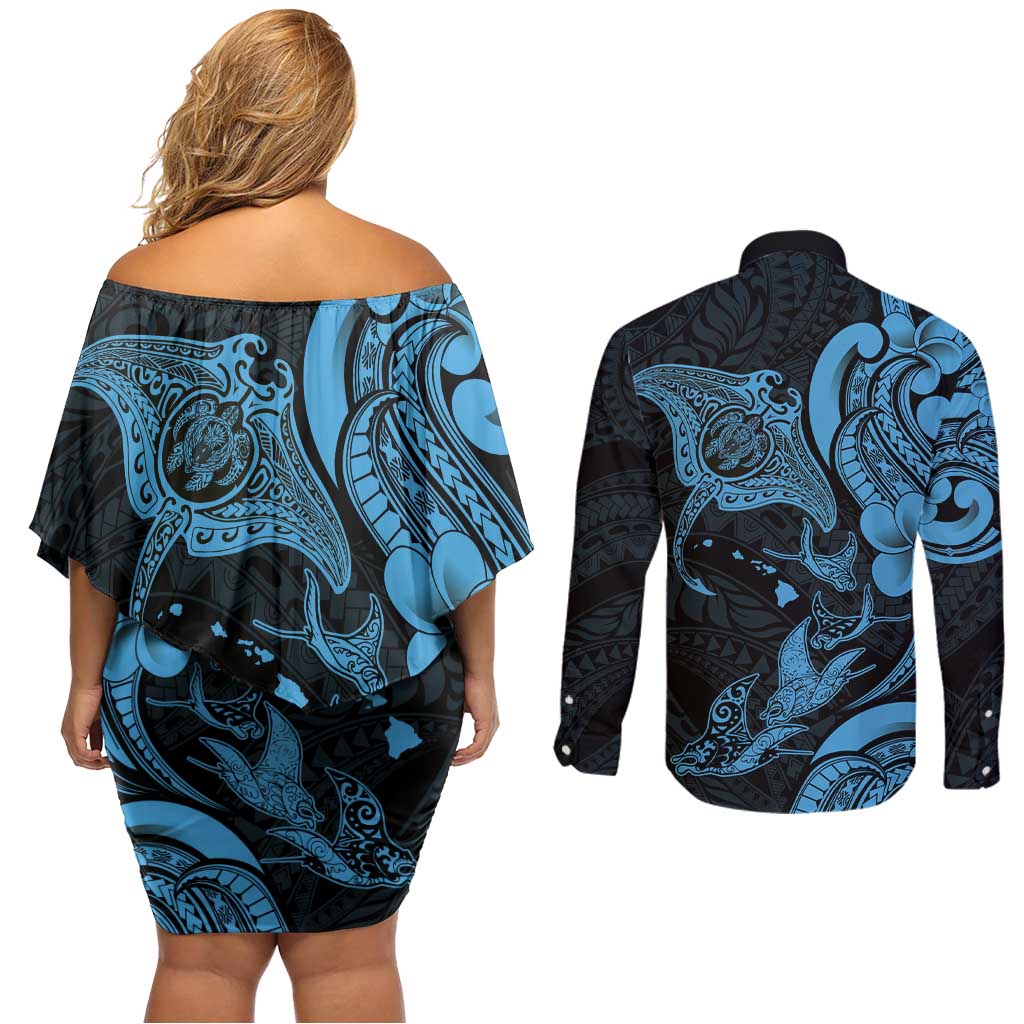 Hawaiian Manta Rays Couples Matching Off Shoulder Short Dress and Long Sleeve Button Shirt Tribal Hibiscus Polynesian Tattoos Blue Color LT03 - Polynesian Pride