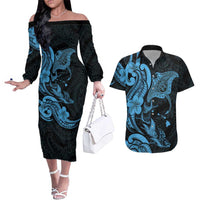 Hawaiian Manta Rays Couples Matching Off The Shoulder Long Sleeve Dress and Hawaiian Shirt Tribal Hibiscus Polynesian Tattoos Blue Color LT03 Blue - Polynesian Pride