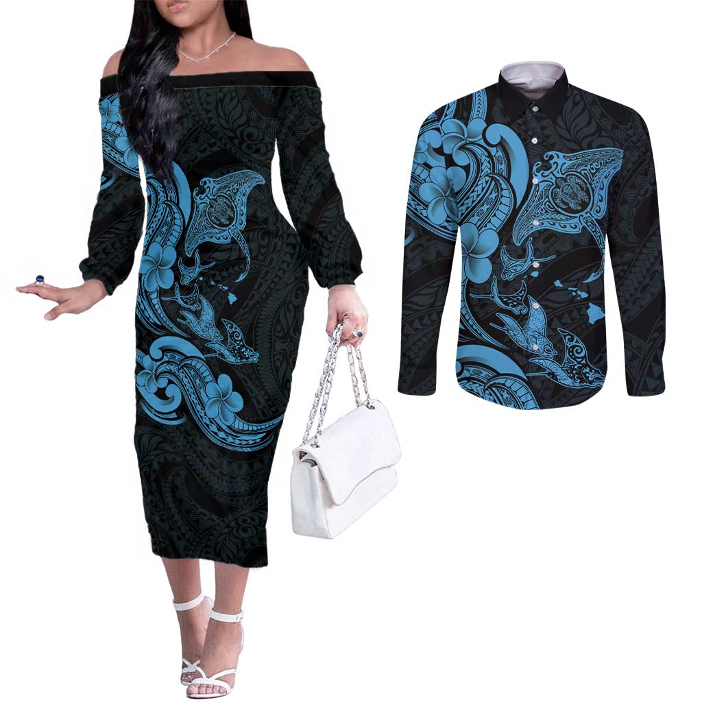 Hawaiian Manta Rays Couples Matching Off The Shoulder Long Sleeve Dress and Long Sleeve Button Shirt Tribal Hibiscus Polynesian Tattoos Blue Color - Polynesian Pride