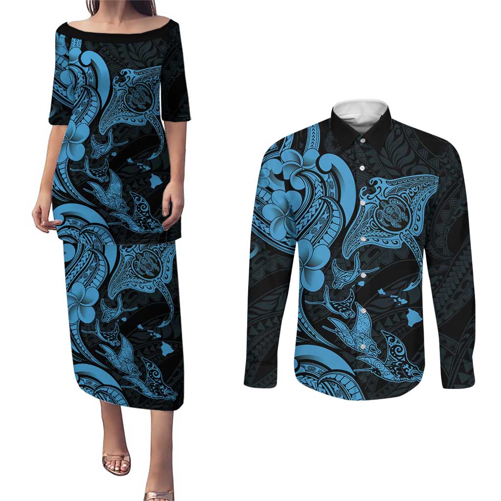 Hawaiian Manta Rays Couples Matching Puletasi and Long Sleeve Button Shirt Tribal Hibiscus Polynesian Tattoos Blue Color LT03 Blue - Polynesian Pride