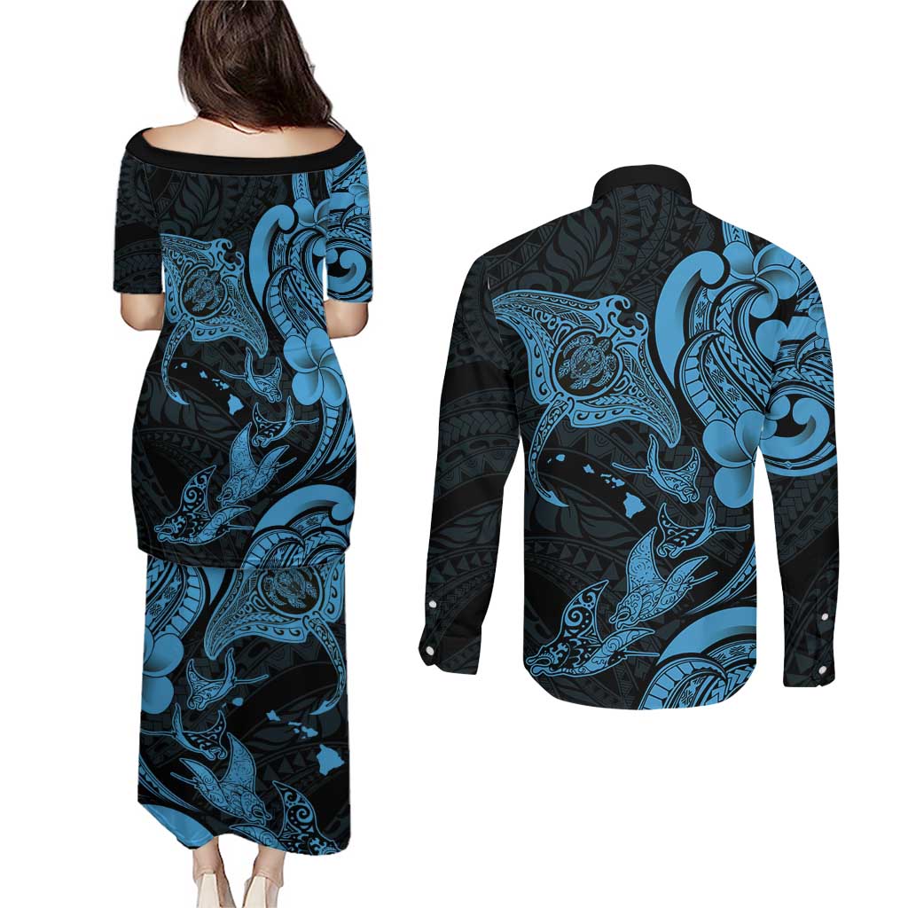 Hawaiian Manta Rays Couples Matching Puletasi and Long Sleeve Button Shirt Tribal Hibiscus Polynesian Tattoos Blue Color LT03 - Polynesian Pride