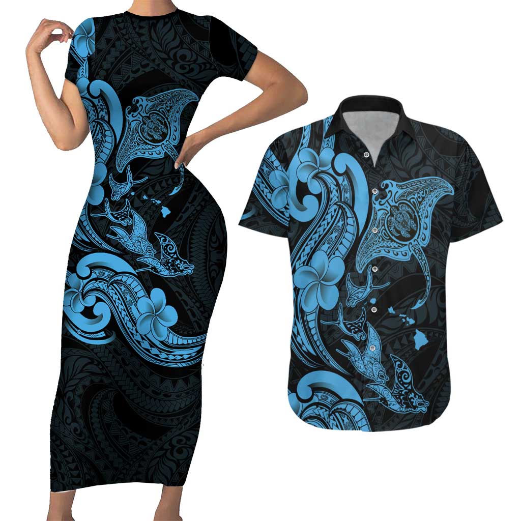 Hawaiian Manta Rays Couples Matching Short Sleeve Bodycon Dress and Hawaiian Shirt Tribal Hibiscus Polynesian Tattoos Blue Color LT03 Blue - Polynesian Pride