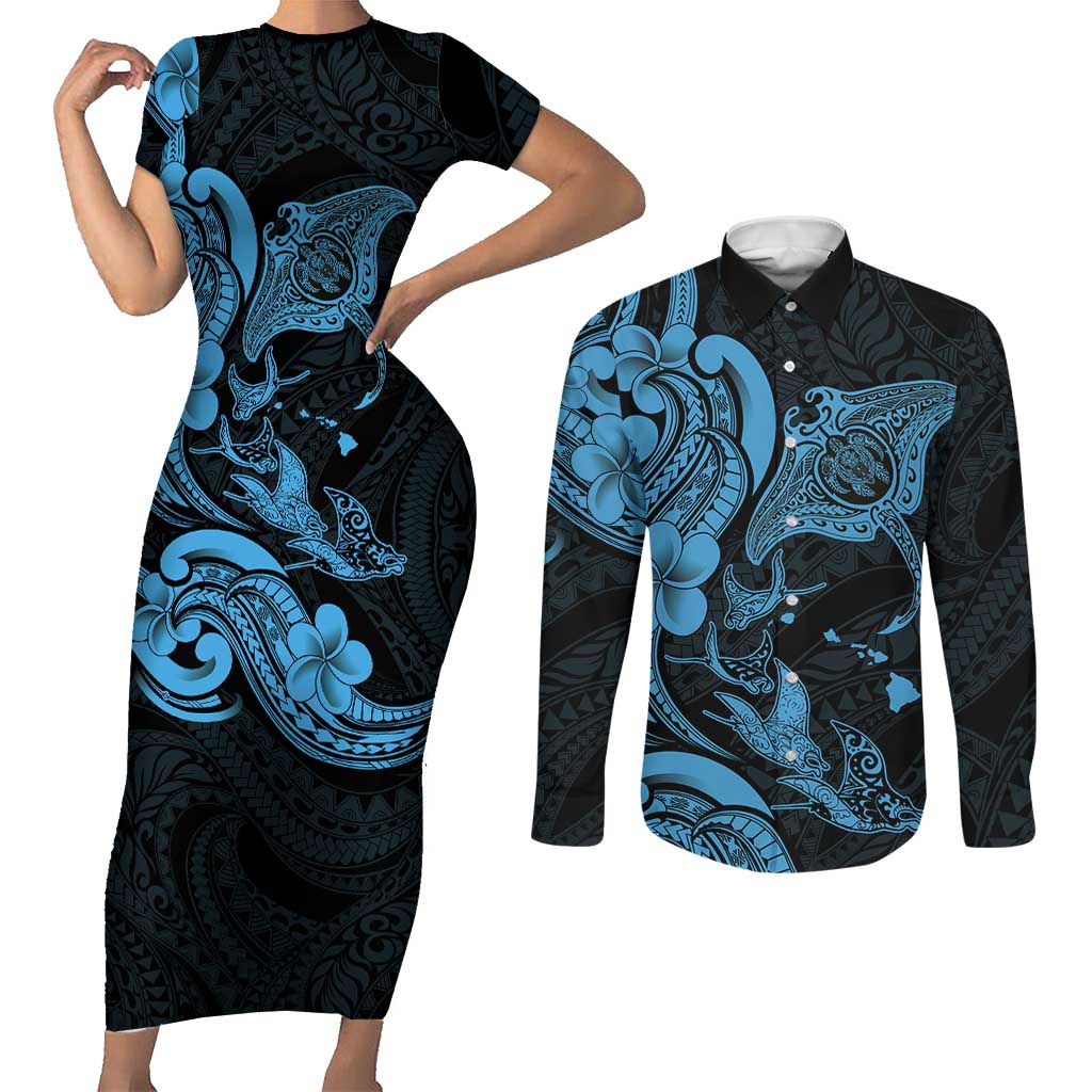 Hawaiian Manta Rays Couples Matching Short Sleeve Bodycon Dress and Long Sleeve Button Shirt Tribal Hibiscus Polynesian Tattoos Blue Color LT03 Blue - Polynesian Pride