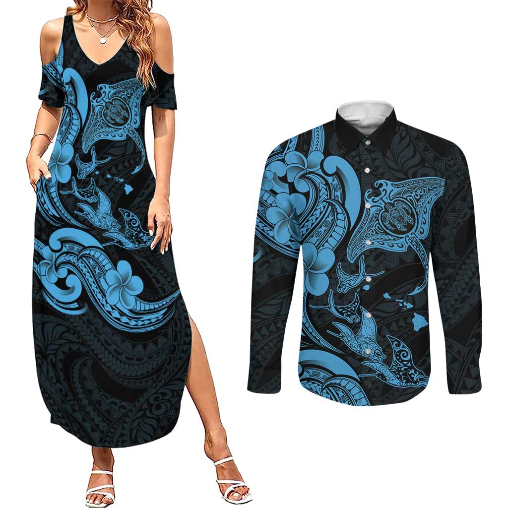Hawaiian Manta Rays Couples Matching Summer Maxi Dress and Long Sleeve Button Shirt Tribal Hibiscus Polynesian Tattoos Blue Color LT03 Blue - Polynesian Pride