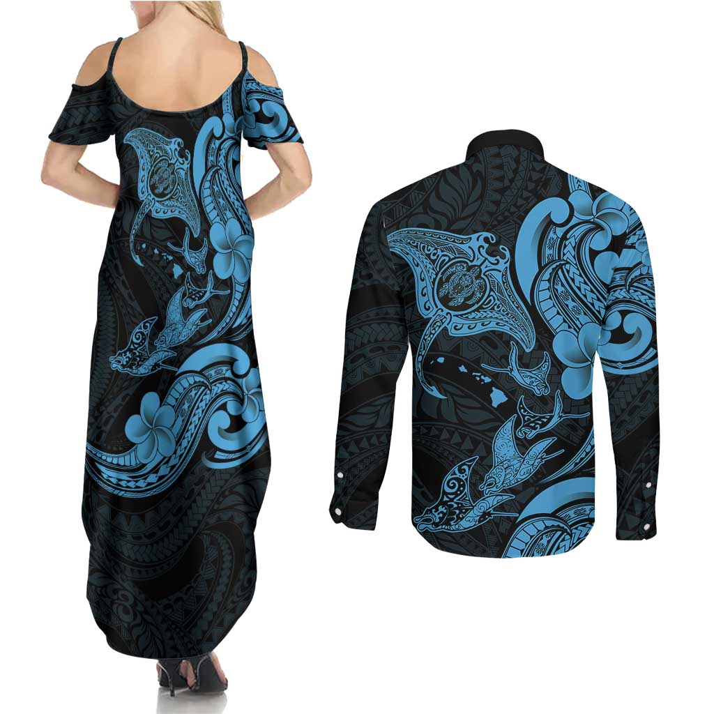 Hawaiian Manta Rays Couples Matching Summer Maxi Dress and Long Sleeve Button Shirt Tribal Hibiscus Polynesian Tattoos Blue Color LT03 - Polynesian Pride