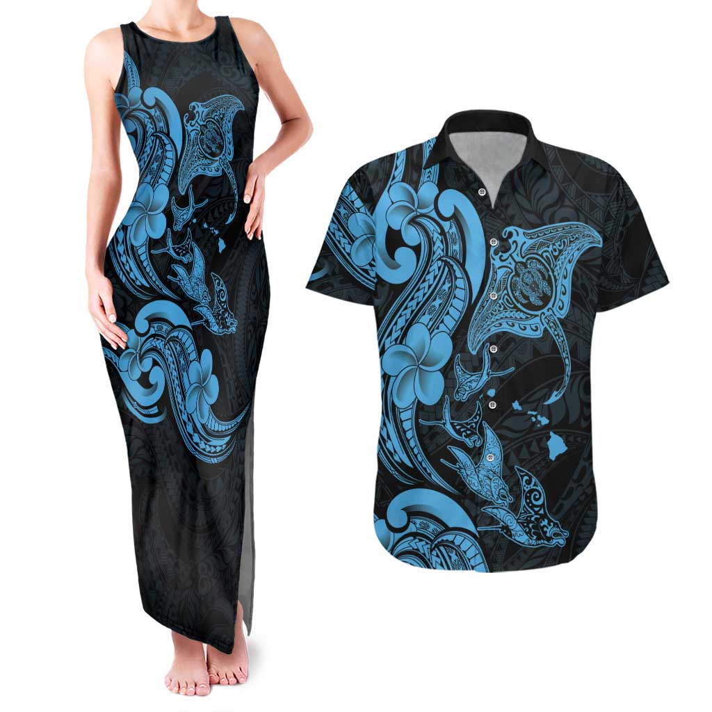 Hawaiian Manta Rays Couples Matching Tank Maxi Dress and Hawaiian Shirt Tribal Hibiscus Polynesian Tattoos Blue Color LT03 Blue - Polynesian Pride