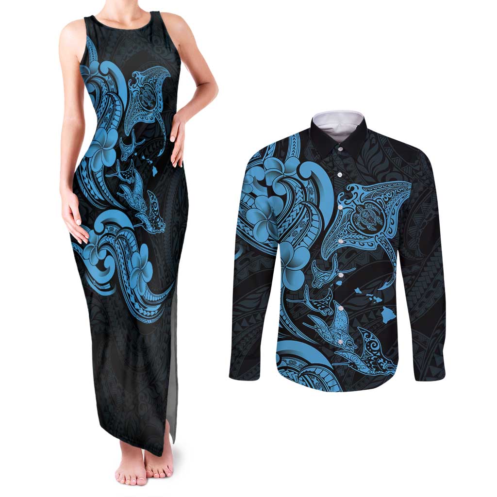 Hawaiian Manta Rays Couples Matching Tank Maxi Dress and Long Sleeve Button Shirt Tribal Hibiscus Polynesian Tattoos Blue Color LT03 Blue - Polynesian Pride