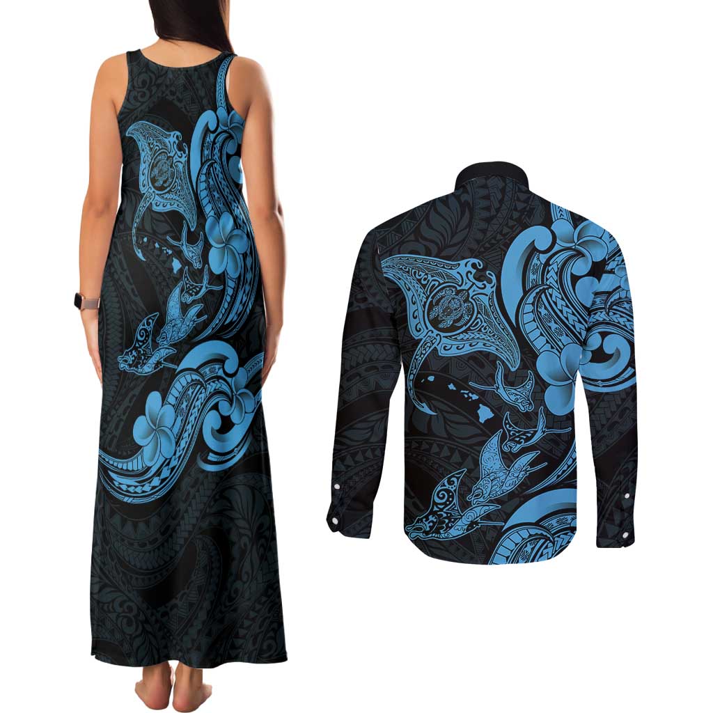 Hawaiian Manta Rays Couples Matching Tank Maxi Dress and Long Sleeve Button Shirt Tribal Hibiscus Polynesian Tattoos Blue Color LT03 - Polynesian Pride