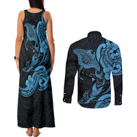 Hawaiian Manta Rays Couples Matching Tank Maxi Dress and Long Sleeve Button Shirt Tribal Hibiscus Polynesian Tattoos Blue Color LT03 - Polynesian Pride