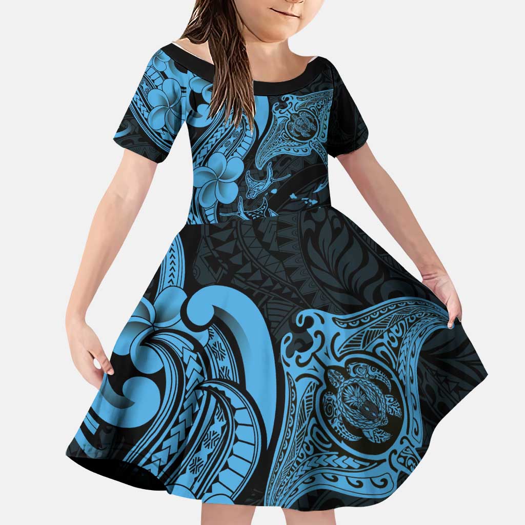 Hawaiian Manta Rays Family Matching Long Sleeve Bodycon Dress and Hawaiian Shirt Tribal Hibiscus Polynesian Tattoos Blue Color LT03 Daughter's Dress Blue - Polynesian Pride