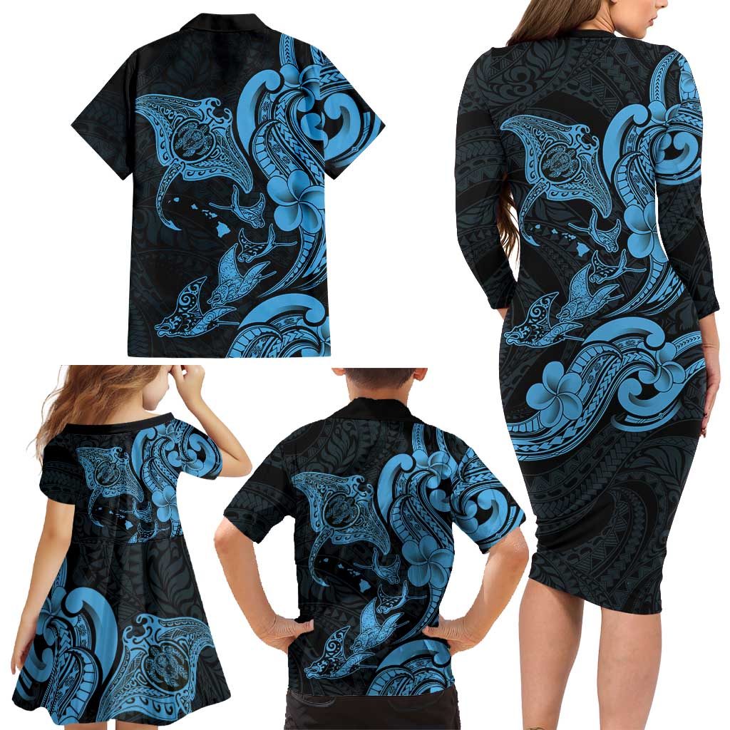 Hawaiian Manta Rays Family Matching Long Sleeve Bodycon Dress and Hawaiian Shirt Tribal Hibiscus Polynesian Tattoos Blue Color LT03 - Polynesian Pride