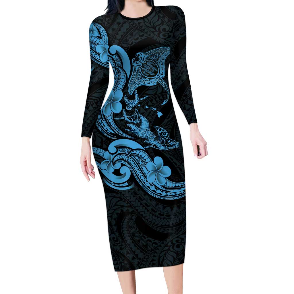 Hawaiian Manta Rays Family Matching Long Sleeve Bodycon Dress and Hawaiian Shirt Tribal Hibiscus Polynesian Tattoos Blue Color LT03 Mom's Dress Blue - Polynesian Pride