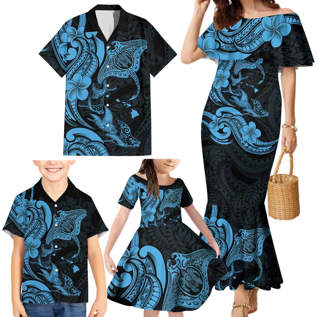 Hawaiian Manta Rays Family Matching Mermaid Dress and Hawaiian Shirt Tribal Hibiscus Polynesian Tattoos Blue Color LT03 - Polynesian Pride