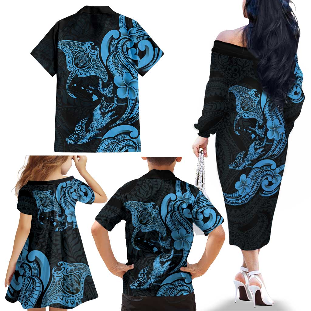 Hawaiian Manta Rays Family Matching Off The Shoulder Long Sleeve Dress and Hawaiian Shirt Tribal Hibiscus Polynesian Tattoos Blue Color LT03 - Polynesian Pride