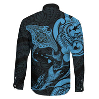 Hawaiian Manta Rays Family Matching Off The Shoulder Long Sleeve Dress and Hawaiian Shirt Tribal Hibiscus Polynesian Tattoos Blue Color LT03 - Polynesian Pride
