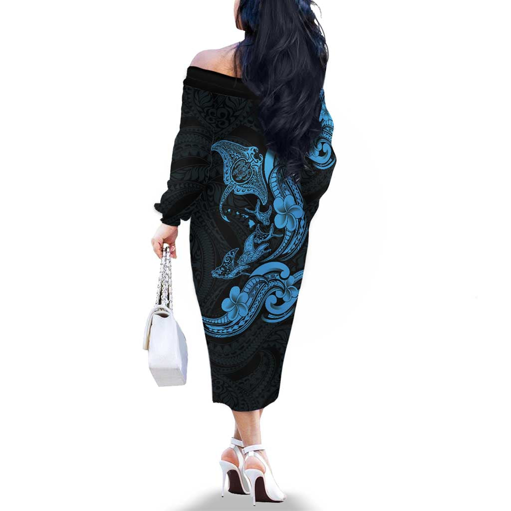 Hawaiian Manta Rays Family Matching Off The Shoulder Long Sleeve Dress and Hawaiian Shirt Tribal Hibiscus Polynesian Tattoos Blue Color LT03 - Polynesian Pride
