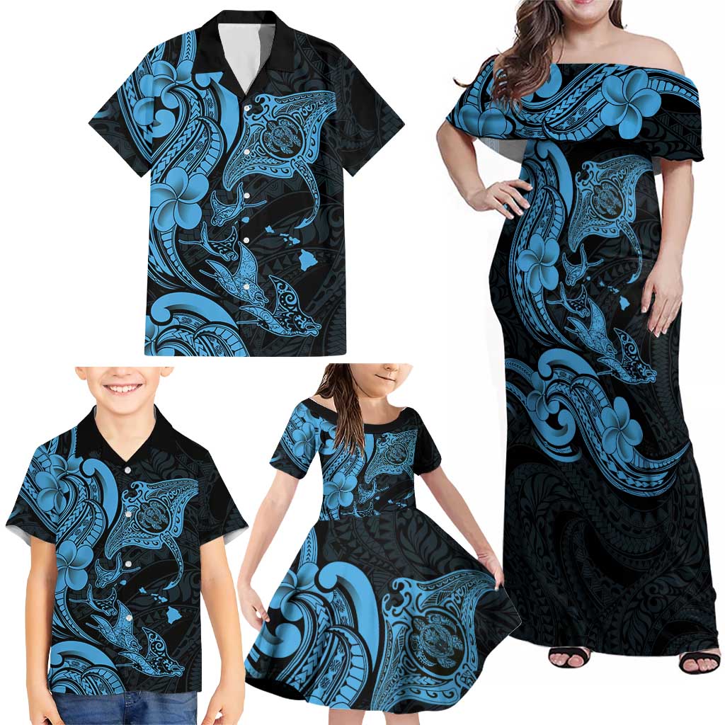 Hawaiian Manta Rays Family Matching Off Shoulder Maxi Dress and Hawaiian Shirt Tribal Hibiscus Polynesian Tattoos Blue Color LT03 - Polynesian Pride