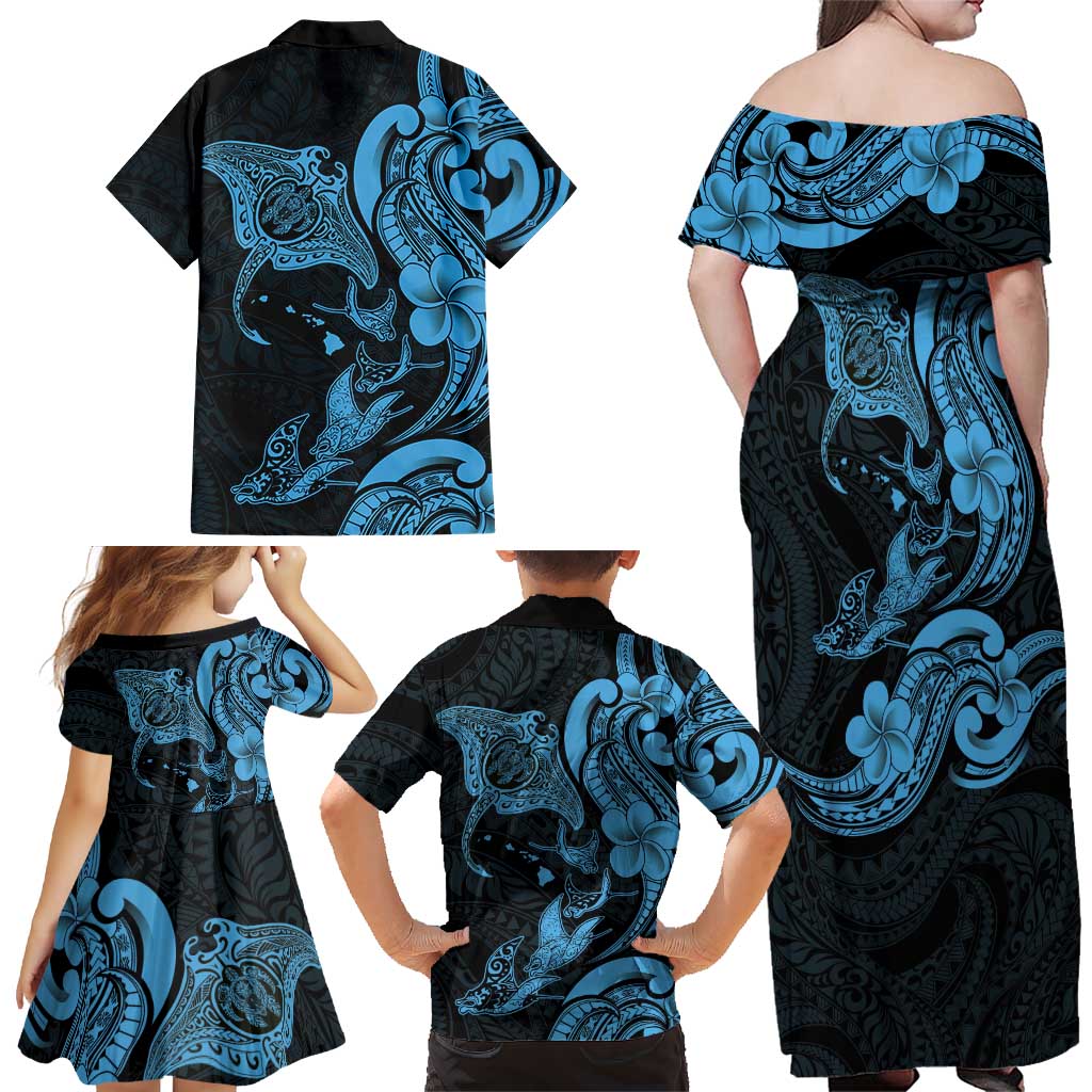 Hawaiian Manta Rays Family Matching Off Shoulder Maxi Dress and Hawaiian Shirt Tribal Hibiscus Polynesian Tattoos Blue Color LT03 - Polynesian Pride