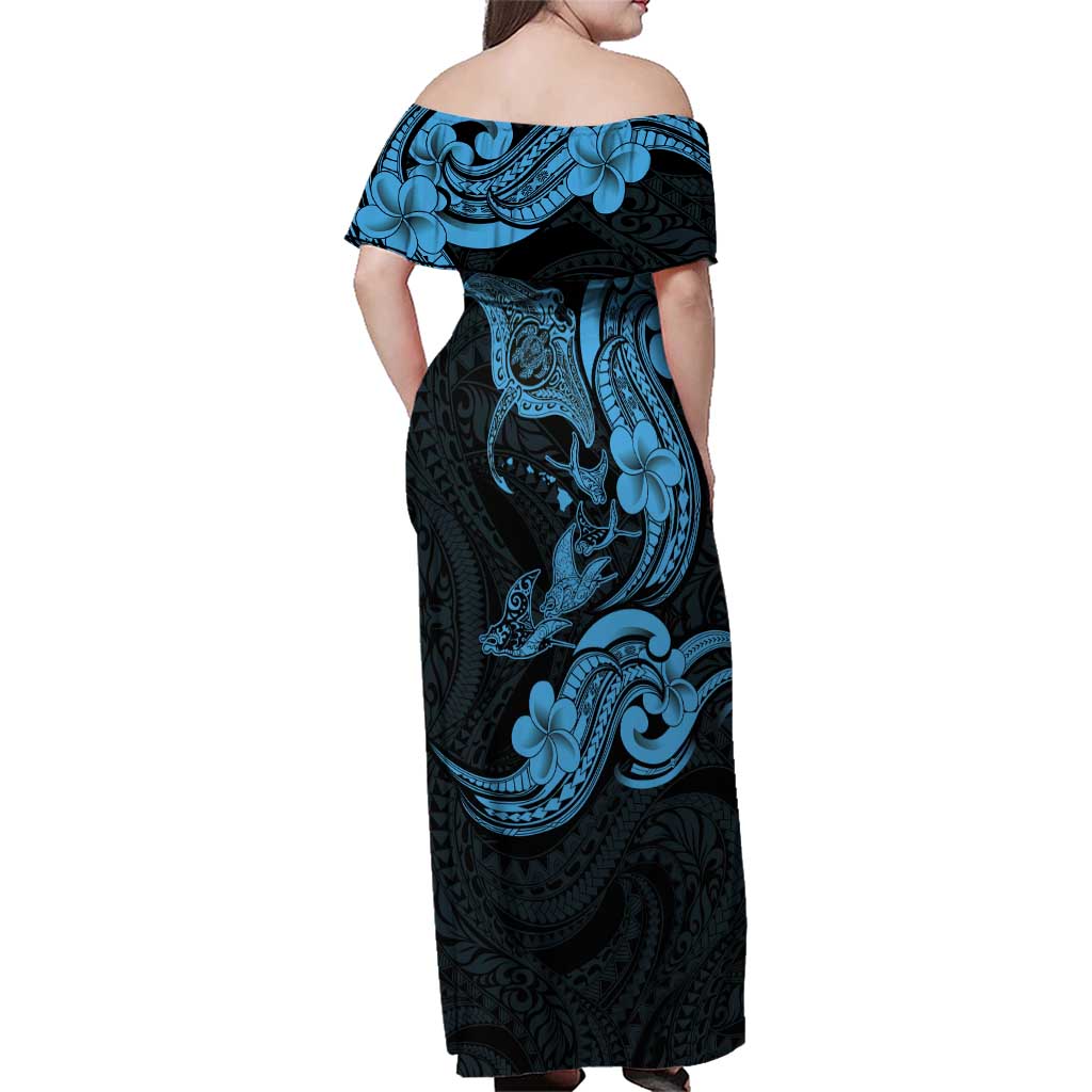 Hawaiian Manta Rays Family Matching Off Shoulder Maxi Dress and Hawaiian Shirt Tribal Hibiscus Polynesian Tattoos Blue Color LT03 - Polynesian Pride