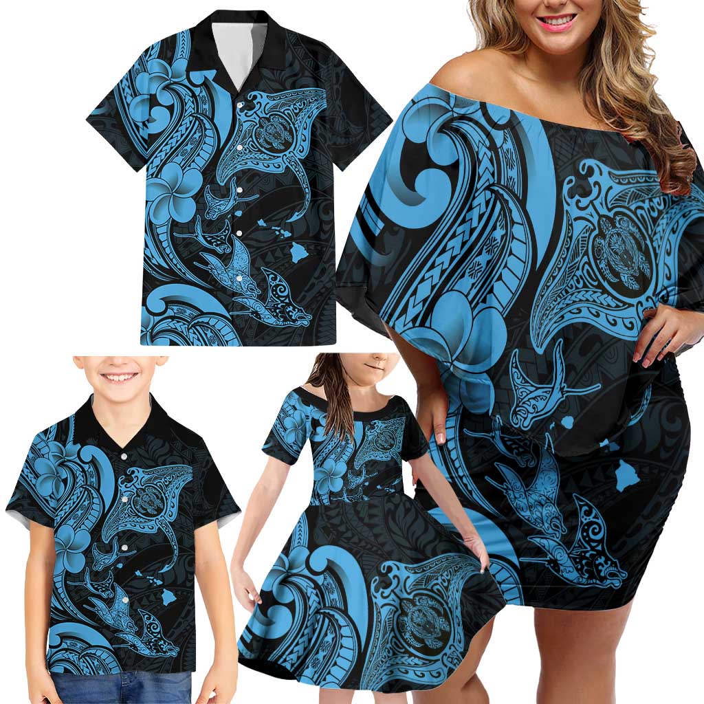Hawaiian Manta Rays Family Matching Off Shoulder Short Dress and Hawaiian Shirt Tribal Hibiscus Polynesian Tattoos Blue Color - Polynesian Pride