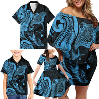 Hawaiian Manta Rays Family Matching Off Shoulder Short Dress and Hawaiian Shirt Tribal Hibiscus Polynesian Tattoos Blue Color LT03 - Polynesian Pride