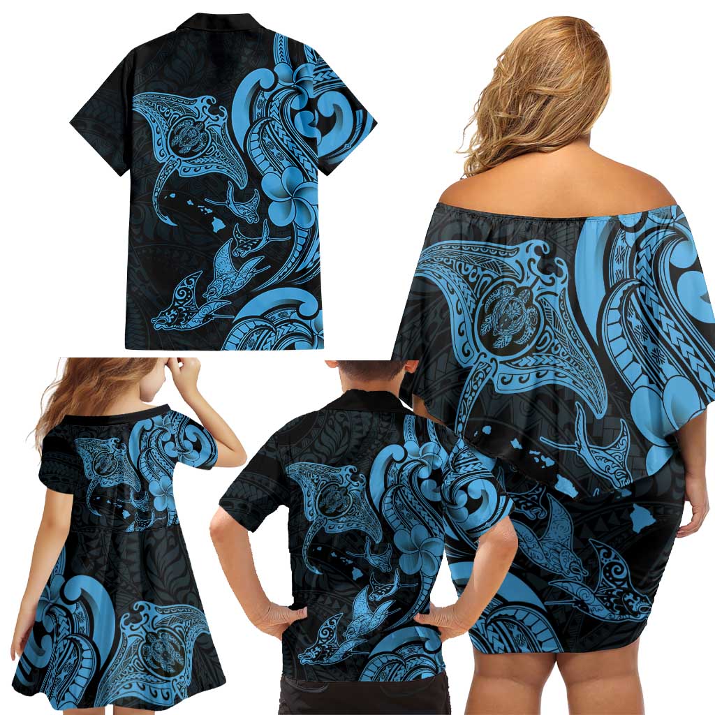 Hawaiian Manta Rays Family Matching Off Shoulder Short Dress and Hawaiian Shirt Tribal Hibiscus Polynesian Tattoos Blue Color LT03 - Polynesian Pride