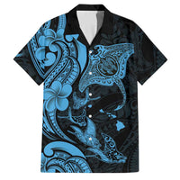 Hawaiian Manta Rays Family Matching Off Shoulder Short Dress and Hawaiian Shirt Tribal Hibiscus Polynesian Tattoos Blue Color LT03 Dad's Shirt - Short Sleeve Blue - Polynesian Pride